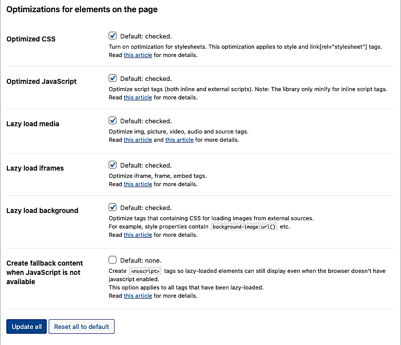 Optimizations for elements on the page