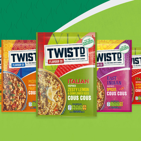 Variety of TWISTD couscous packets on a colourful background with flavour labels.