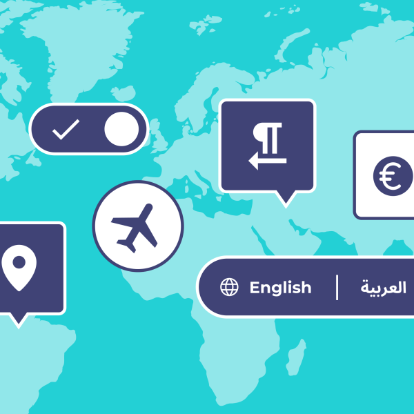 Icon bubbles over world map with symbols for language, time, currency, location, travel, and a language toggle switch.