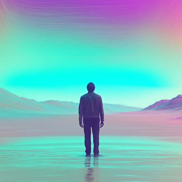 A figure stands on shimmering water, gazing at vibrant, surreal mountains and sky.