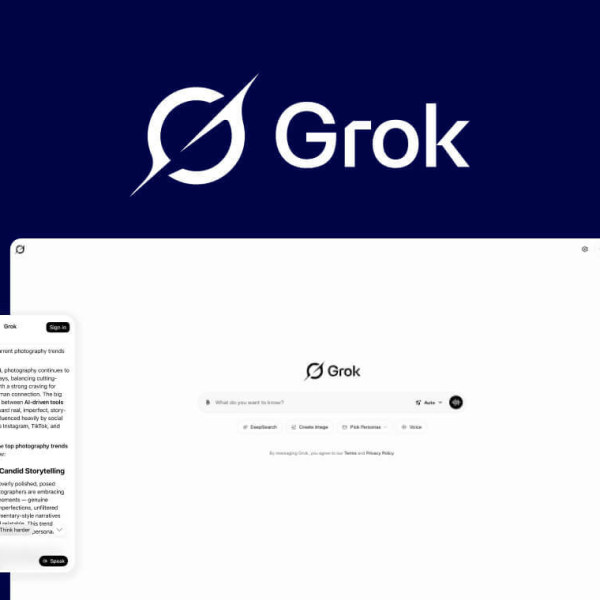 The image features the logo and interface of "Grok" on a blue background.