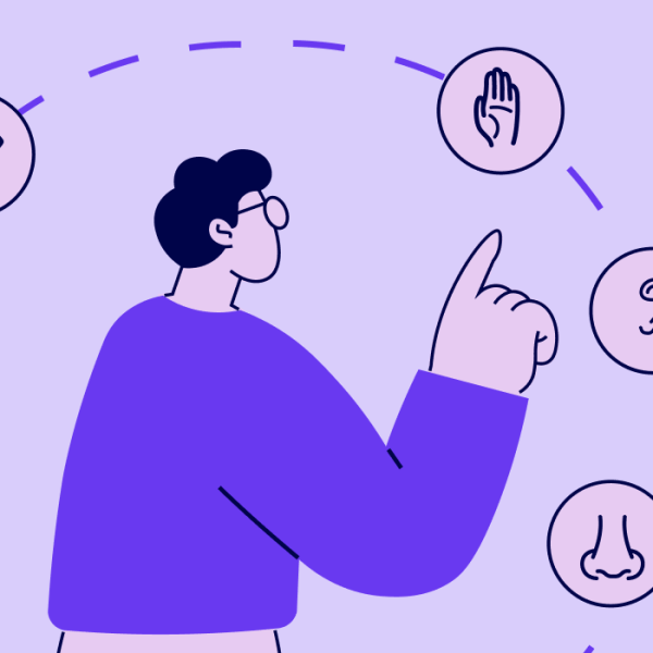 A person gestures towards icons representing the five senses on a purple background.