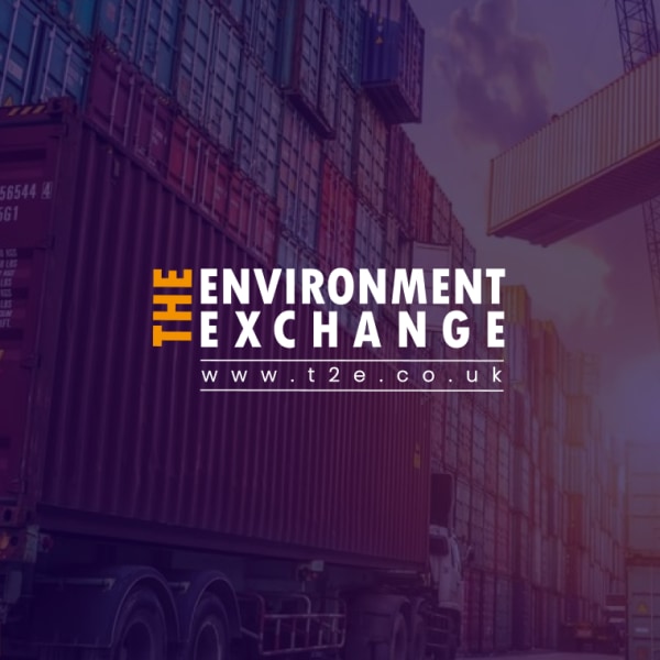 Stacked shipping containers with "Environment Exchange" logo and website.