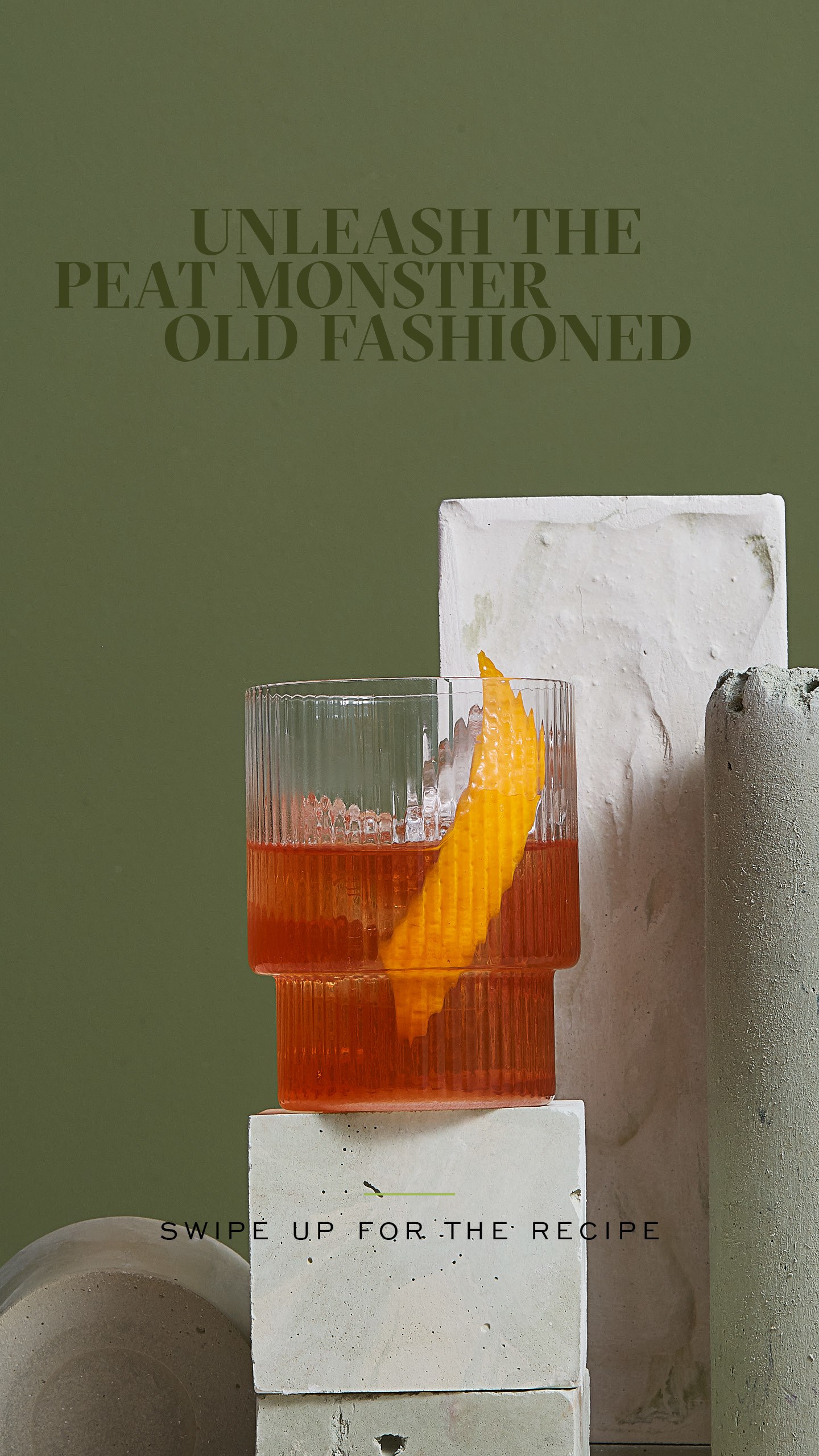 Instagram story with text reading, "Unleash the Peat Monster Old Fashioned" and "swipe up for the recipe"