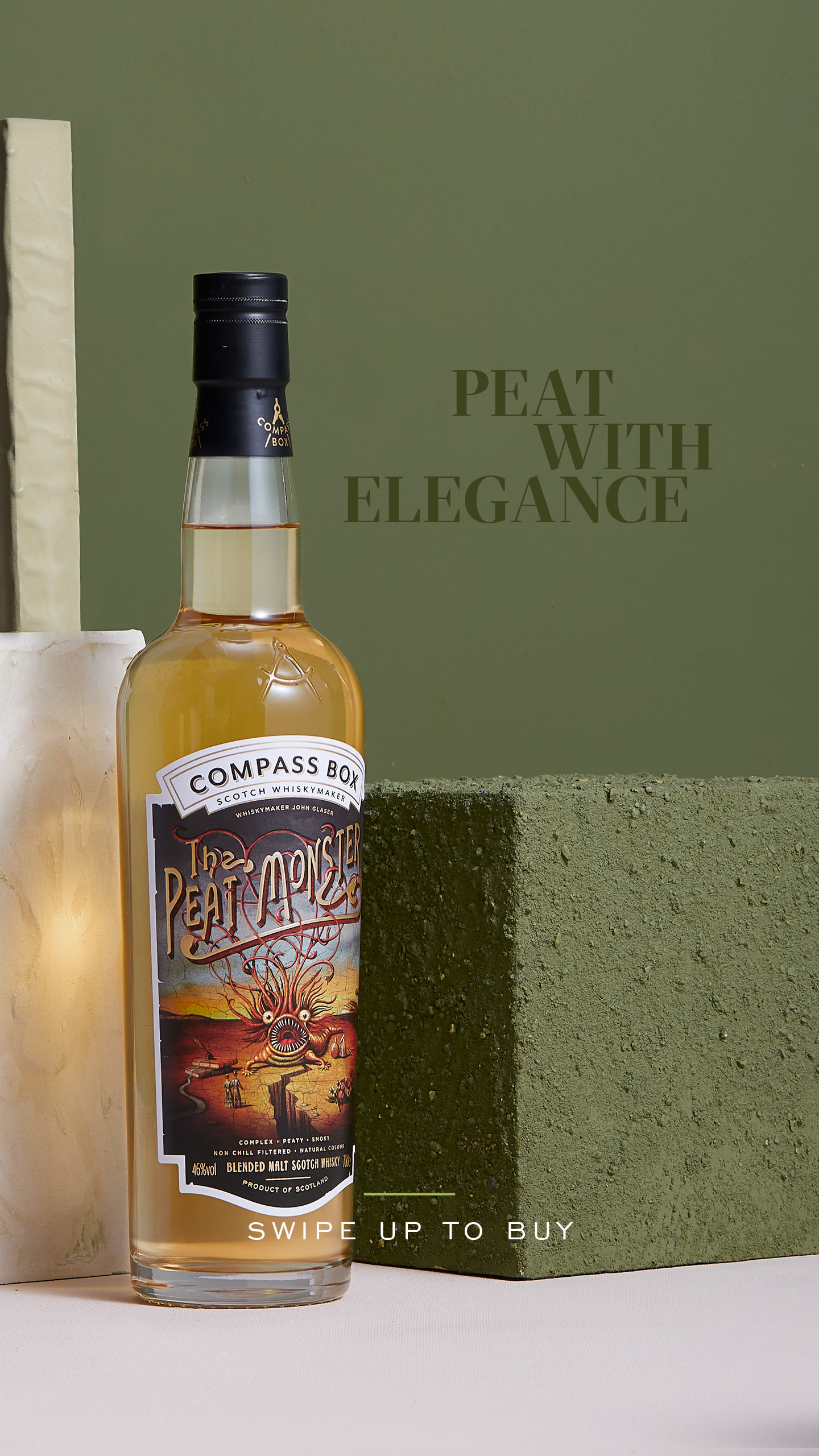 Instagram story with text reading, "Peat with Elegance" and "swipe up to buy"