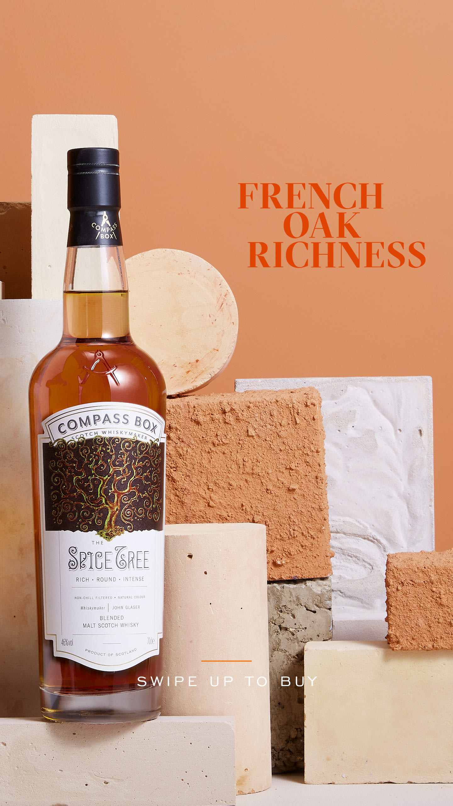 Instagram story with text reading, "French Oak Richness" and "swipe up to buy"