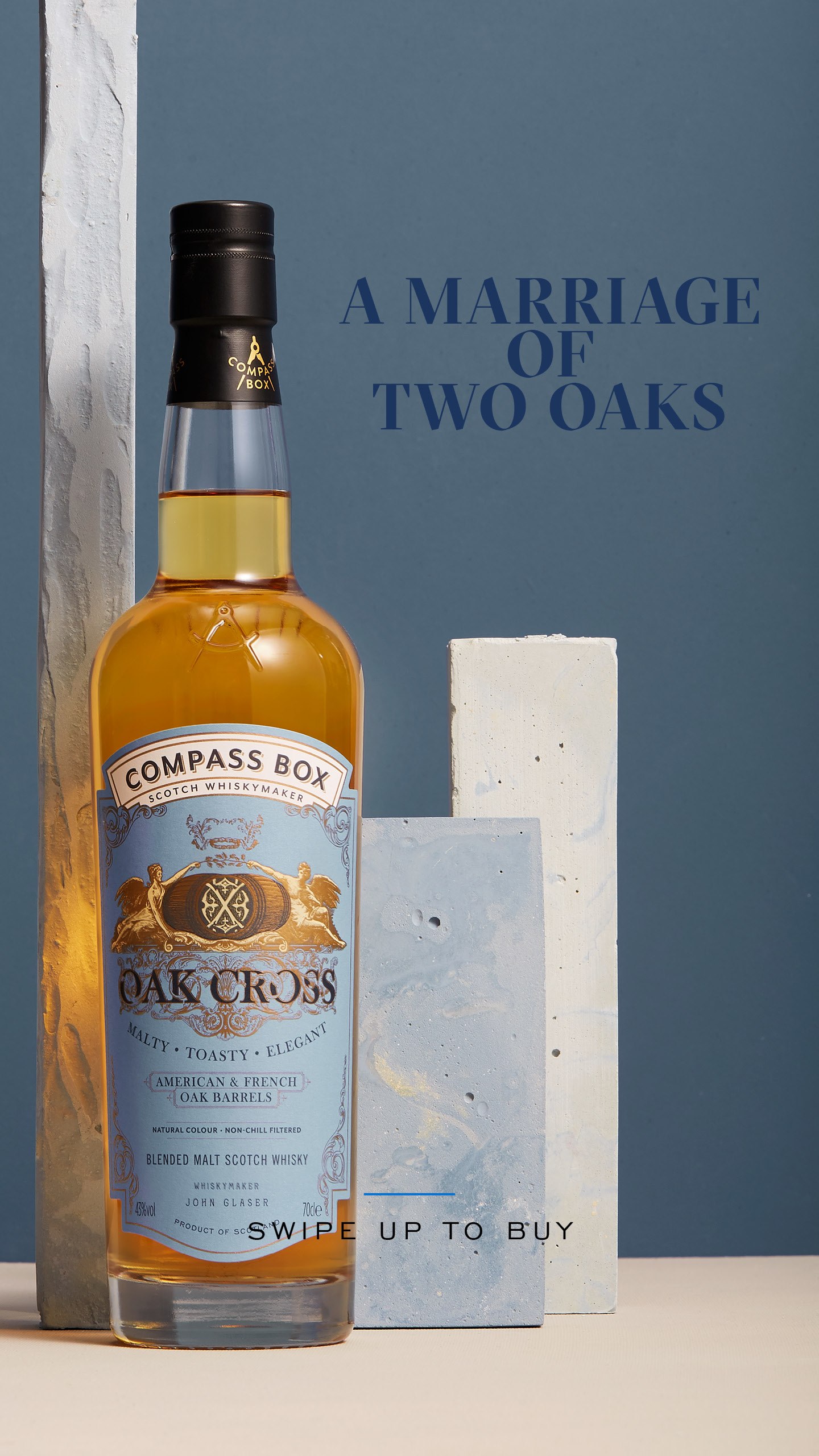 Instagram story with text reading, "A marriage of two oaks" and "swipe up to buy"
