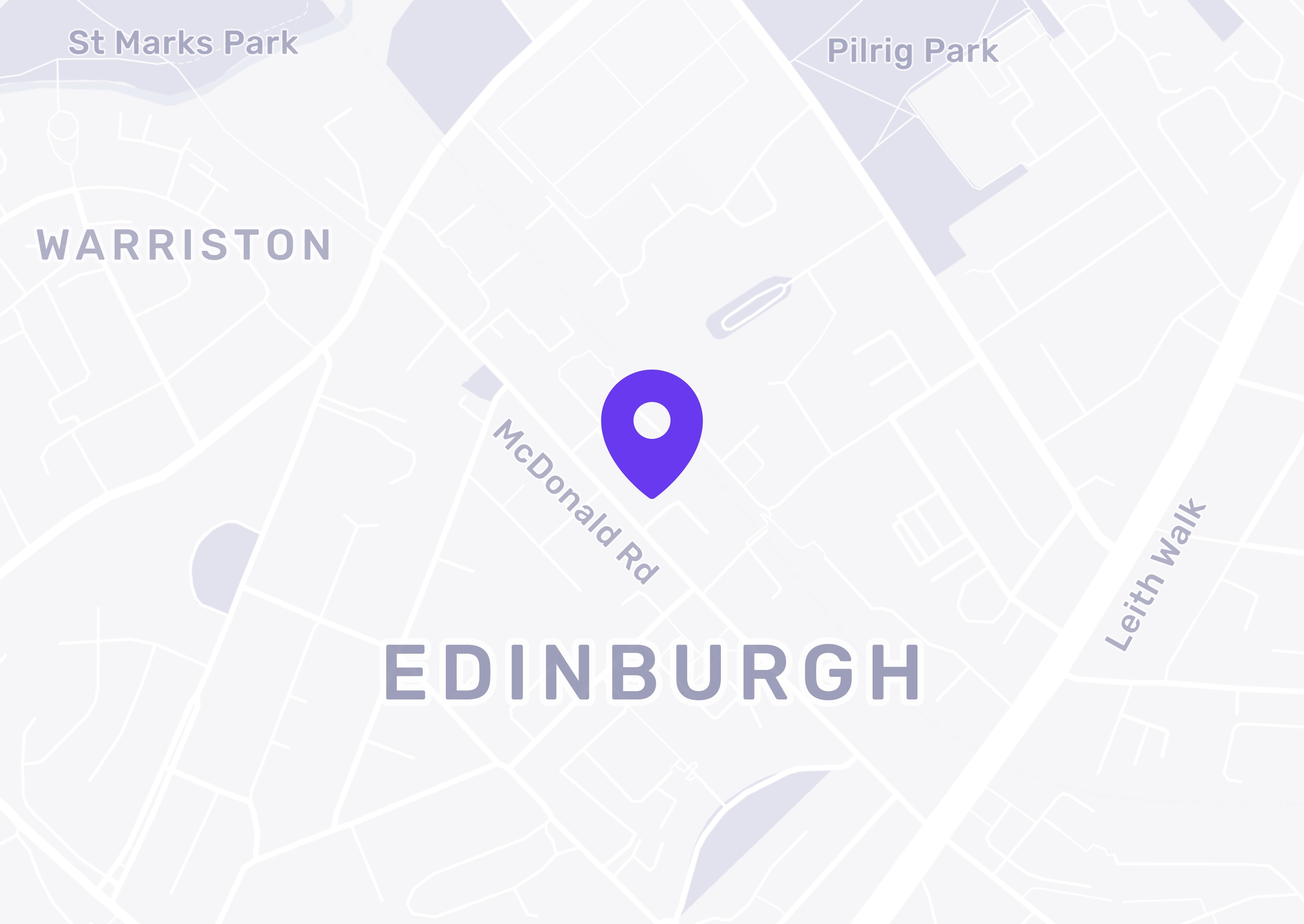 Map with marker of The Digital Age (tda!) location Edinburgh, Scotland