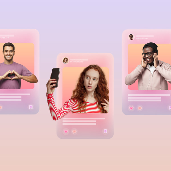 Four people posing in social media interface cards on a purple background.