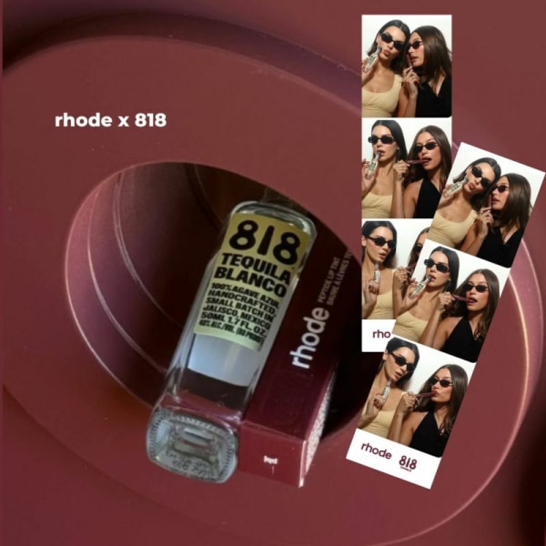 A bottle of 818 tequila beside a rhode box, with two women posing in photos.