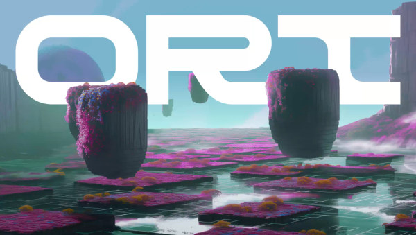 A surreal landscape with floating rocks and vibrant pink foliage over water.