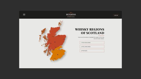 Map of Scotland's whisky regions on a website, with interactive buttons for Highlands, Lowlands, and Isles.