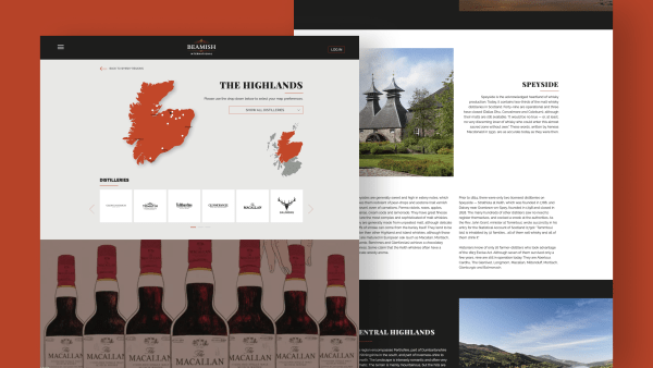 A whisky-themed webpage with maps, distillery logos, text on Speyside, and images of Macallan bottles.