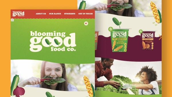 A website header for "blooming good food co." with images of people holding vegetables and product packaging.