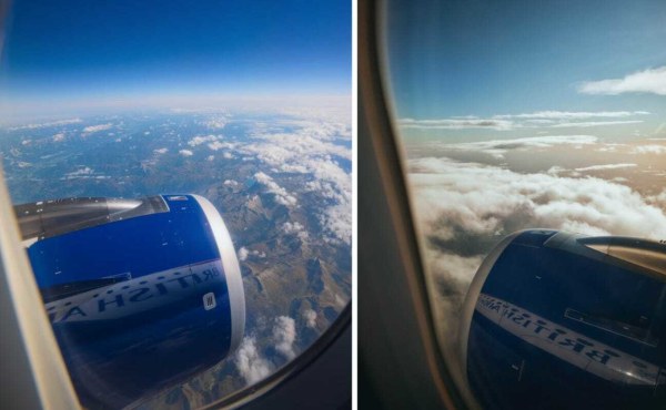 Two airplane window views showing clouds, mountains, and engine details.