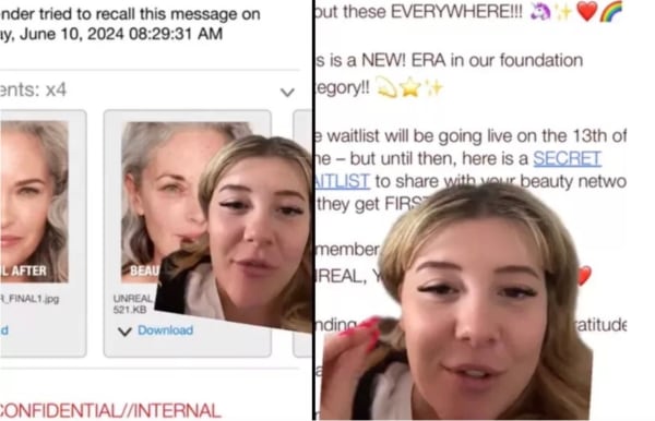Screenshot of messages with a woman's face, before/after beauty edits, and promotional text.