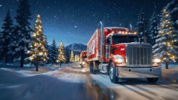A snowy scene with red Coca-Cola trucks among illuminated Christmas trees under a starry sky.