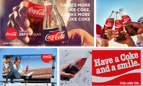 Collage of Coca-Cola ads featuring bottles, people, and slogans promoting zero sugar.
