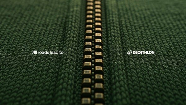 Close-up of a green knit fabric with a zipper, featuring the text "All roads lead to Decathlon."