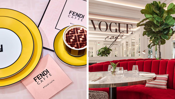 Stylish cafe interiors featuring Fendi and Vogue branding, with vibrant decor and seating.