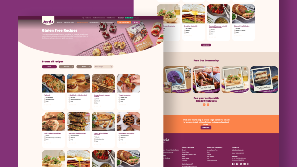 Screenshot of a gluten-free recipe website with images of various dishes and a community section.