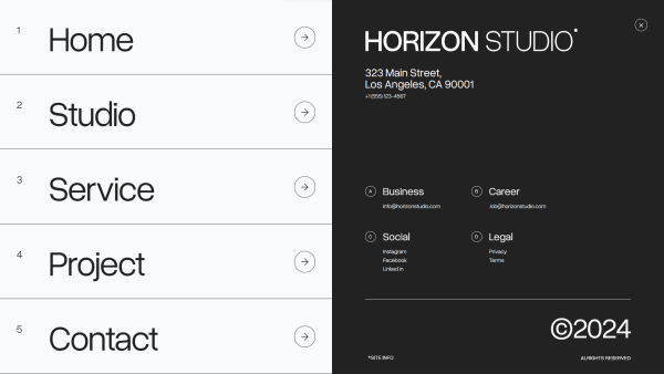 Menu and contact details of 'HORIZON STUDIO' with navigation options in a black and white theme.
