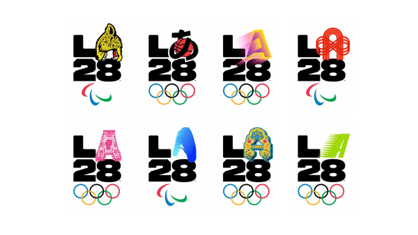 Variations of the LA28 Olympic logo with different artistic designs atop the letter 'A'.
