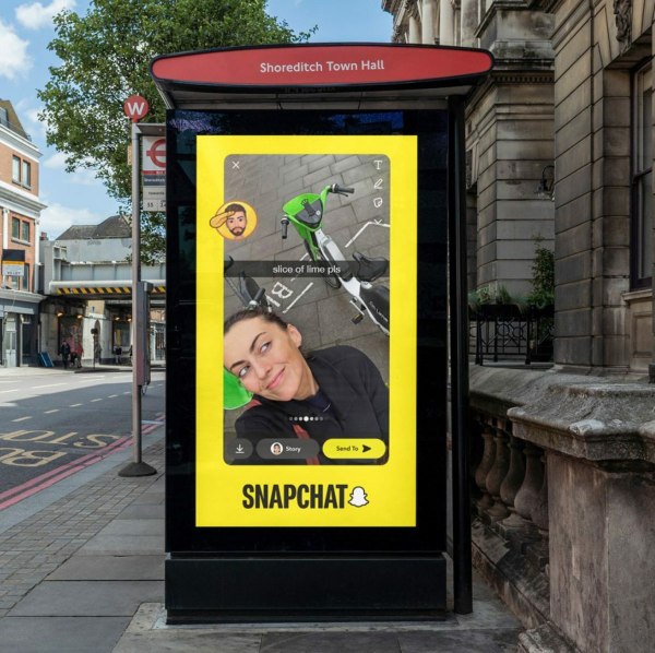 A bus stop displays a Snapchat story of a woman with a request for a slice of lime.