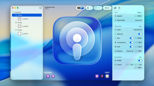 A digital interface showing an app icon design with settings on the right.