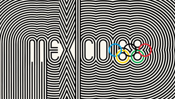 Op art style poster with "Mexico 68" and Olympic rings amidst black and white waves.