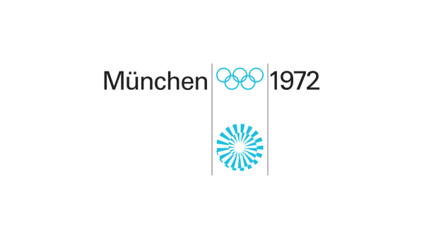 Logo for the Munich 1972 Olympics with text and Olympic rings above a stylised sun.