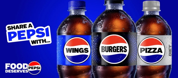 Three Pepsi bottles labeled "Wings," "Burgers," and "Pizza" on a blue background.
