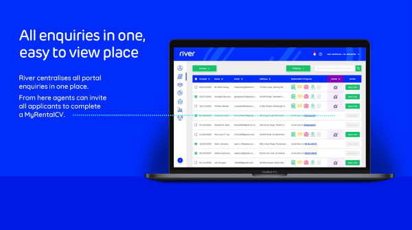 Laptop screen showing 'River' software interface for managing rental enquiries and applications.