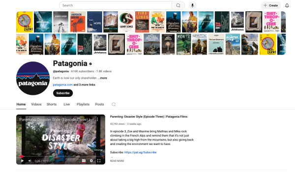 Patagonia's YouTube channel features outdoor films and videos promoting environmental awareness.