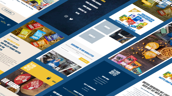 Collage of a website featuring snack brands, products, and a newsletter sign-up form.