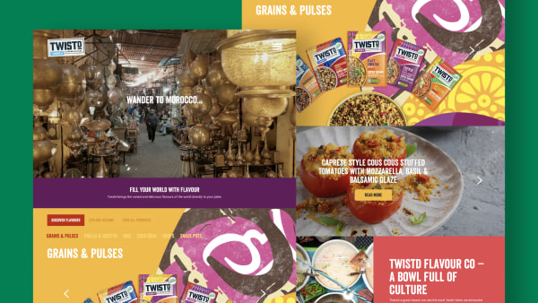 A collage of screenshots from the website with Moroccan market, food packets, and a dish of stuffed tomatoes.