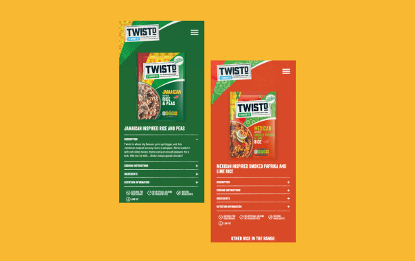 Screenshots of 2 TWISTD rice mix packets on the website: Jamaican Rice & Peas and Mexican Smoked Paprika & Lime Rice.