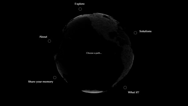 Dark globe with text options "About," "Explore," "Solutions," "Share your memory," and "What if?"
