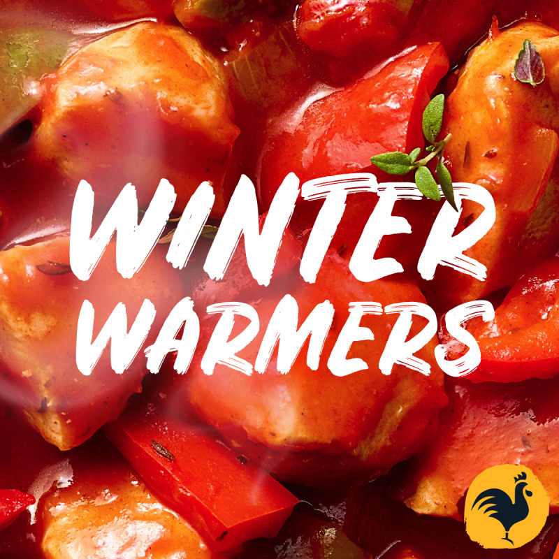 A social media image with a close-up of chicken and text reading "Winter Warmers"