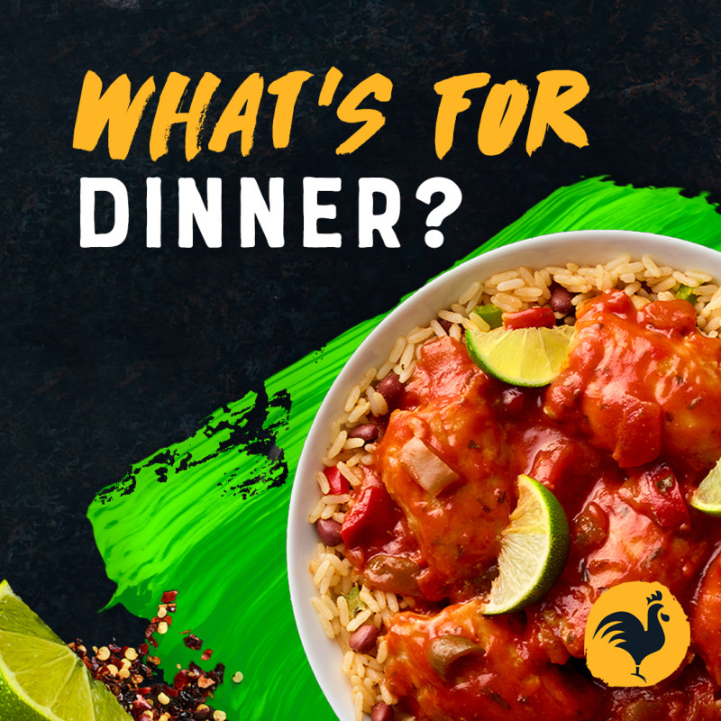 "What's for dinner?" text with lime and chipotle chicken and rice