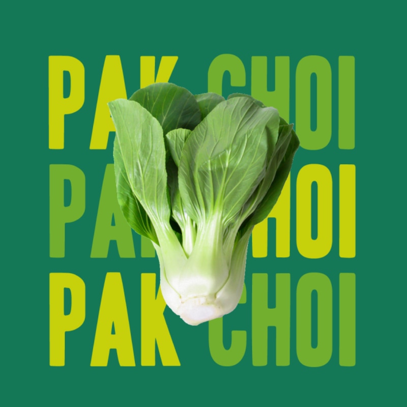 A social media post showing Pak Choi with large, bold text