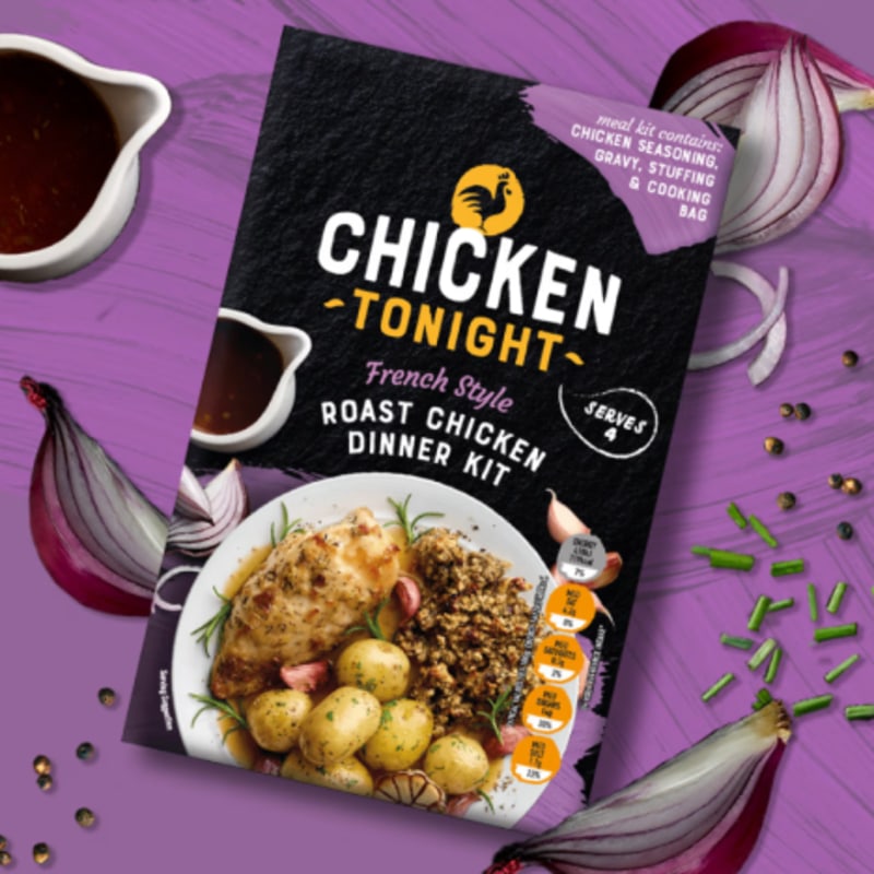 Chicken tonight dinner kit on a purple background.