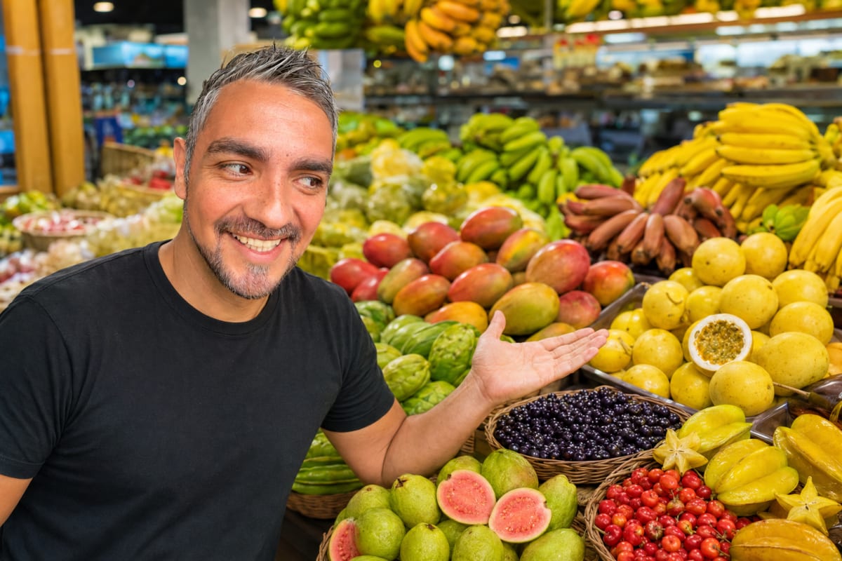 Frutas tropicais, bananas e goiabas em uma ilustração de supermercado