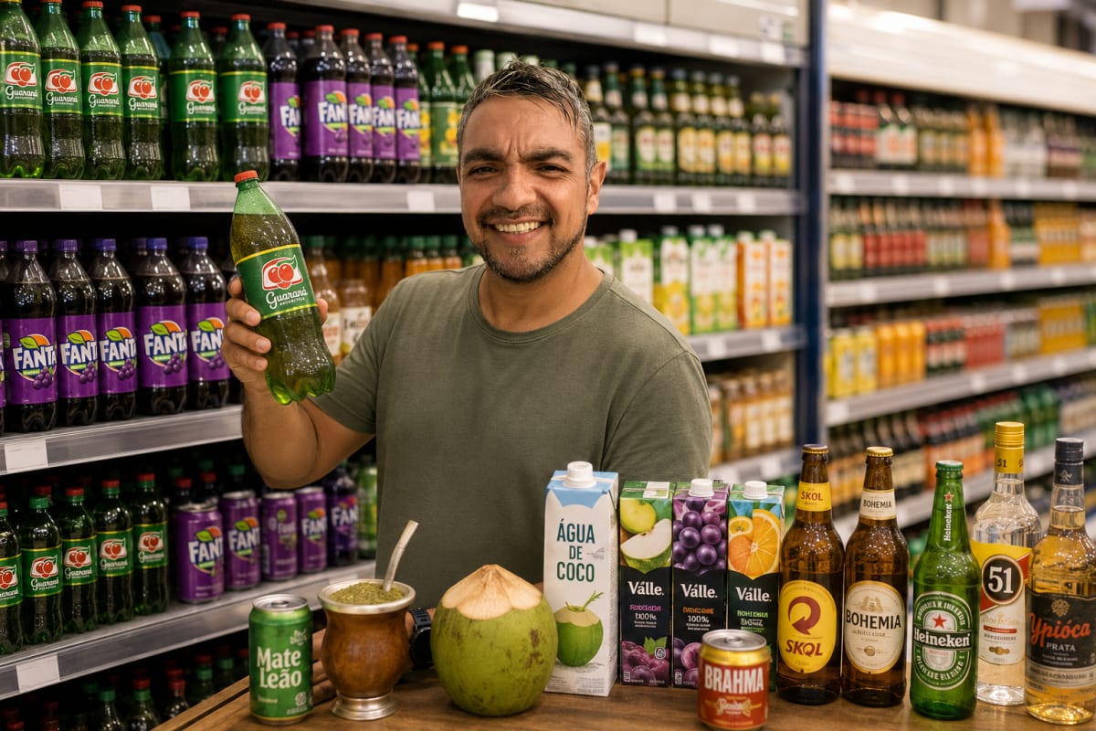 Ilustração de bebidas com guaraná, mate, água de coco e garrafas