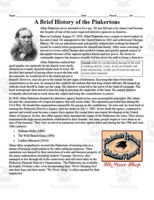 A Brief History of the Pinkertons | Comprehension Question ...