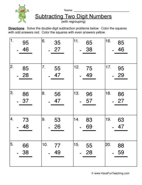 Alien Double Digit Subtraction Regroup Worksheet by Teach ...