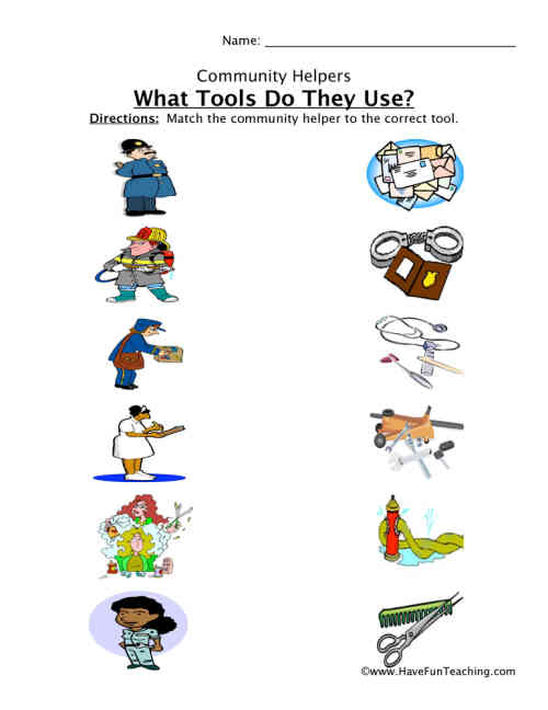Community Helper Tools Matching Worksheet by Teach Simple
