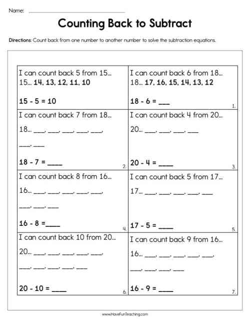 Counting Back to Subtract Worksheet by Teach Simple