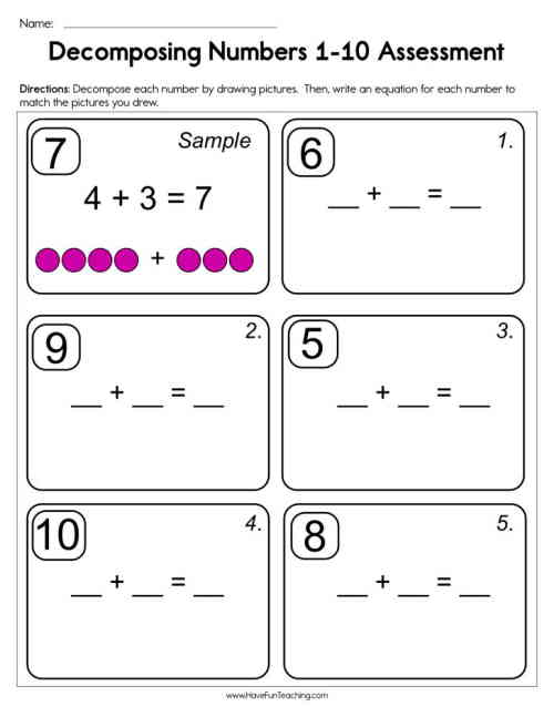 Decomposing Numbers Assessment Worksheet by Teach Simple
