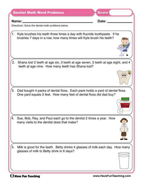 Dental Math Word Problems Worksheet by Teach Simple